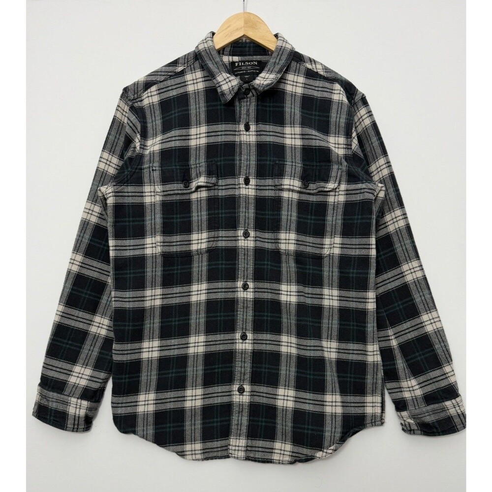Filson Vintage Flannel Work Shirt Mens Large Green Black Plaid Heavyweight